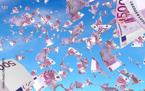 Flying euro banknotes against the sky background. Money is flying in the air. 500 EURO in color. 3D illustration