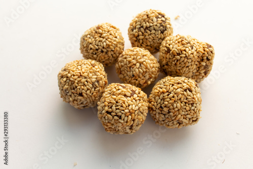 Healthy homemade cookie with nuts and sesame on white background