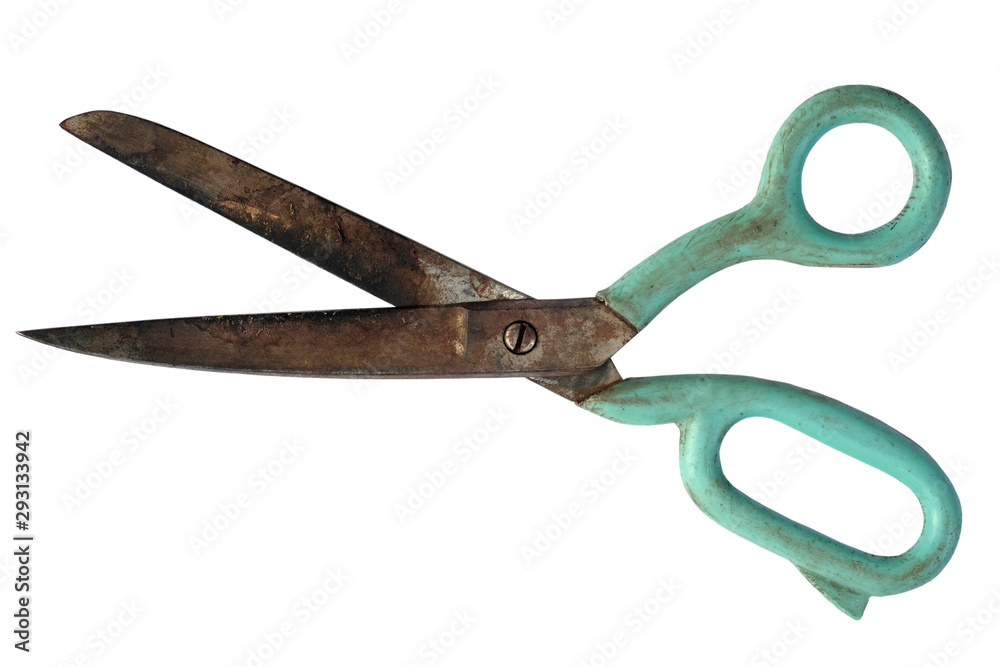 Old tailor's scissors with green plastic handles. Big dirty scissors on a white background isolate. Special tool for cutting fabrics, threads and other materials. Old tailor's scissors with green plastic handles. Big dirty scissors on a white background isolate. Special tool for cutting fabrics, threads and other materials.