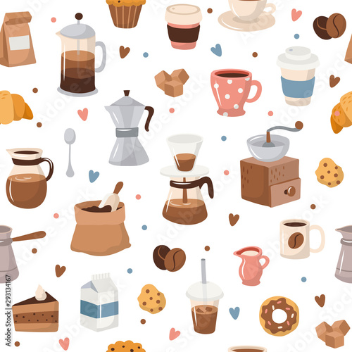 Coffee pattern, different coffee elements. Cute cartoon icons in hand drawn style on blue background Vector illustration