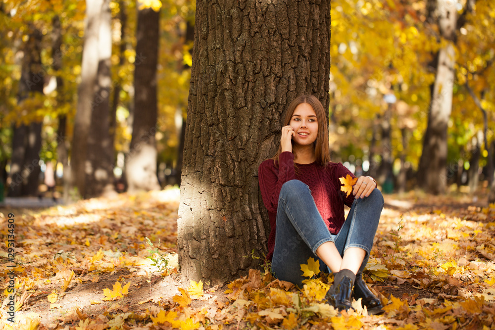 Young woman in a sweater and blue jeans sits in an autumn park Young woman in a sweater and blue jeans sits in an autumn park