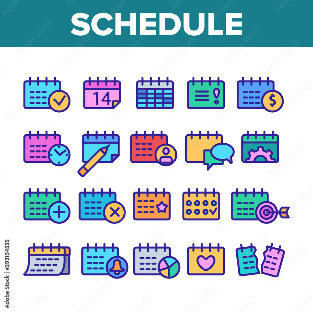 Schedule Collection Elements Icons Set Vector Thin Line. Calendar With Clock And Human, Heart And Bell, Dollar And Gear Mark Schedule Concept Linear Pictograms. Monochrome Contour Illustrations