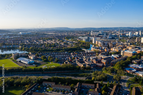 Fototapeta Naklejka Na Ścianę i Meble -  Aerial view of Cardiff Bay, the Capital of Wales, UK 2019 on a clear sky summer day