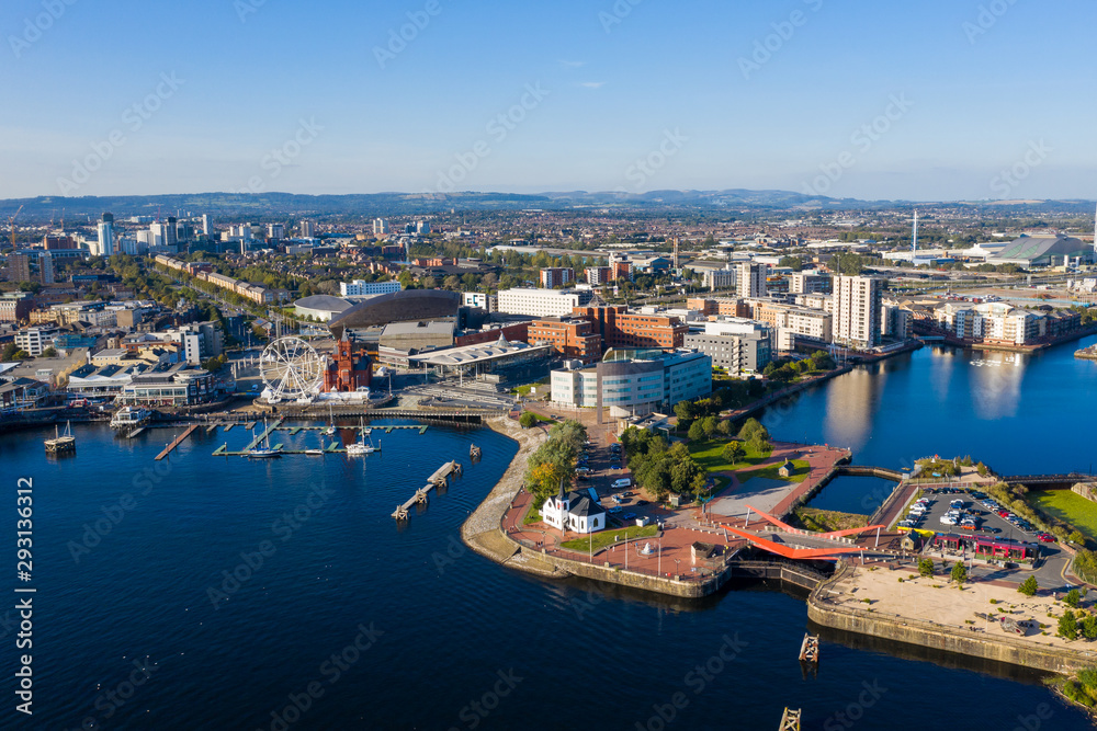 Aerial view of Cardiff Bay, the Capital of Wales, UK 2019 on a clear sky summer day Aerial view of Cardiff Bay, the Capital of Wales, UK 2019 on a clear sky summer day