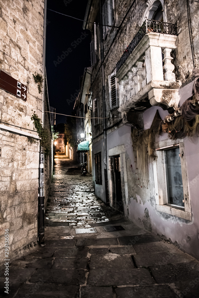 Narrow Alley With Old Buildings In The Night In Pula Croatia