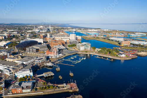 Aerial view of Cardiff Bay, the Capital of Wales, UK 2019 on a clear sky summer day © Stephen Davies
