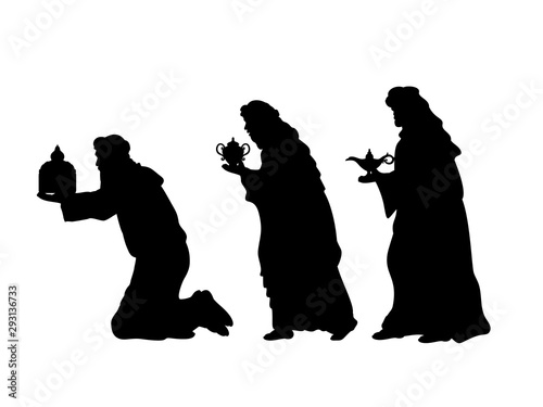 Holiday silhouettes christmas. Wise men with gifts. Vector illustration