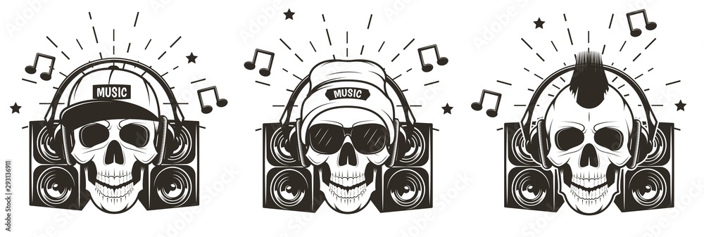 Music skull set, vector hand drawn illustration