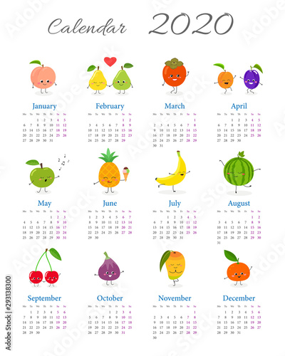Cute fruit characters calendar 2020