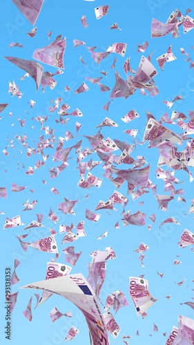 Flying euro banknotes against the sky background. Money is flying in the air. 500 EURO in color. 3D illustration