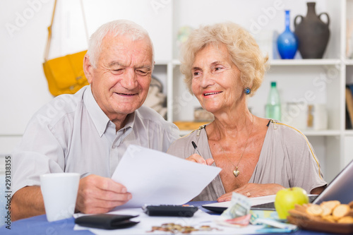 Happy senior spouses with bills and laptop