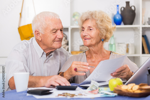 Positive mature couple with papers and laptop