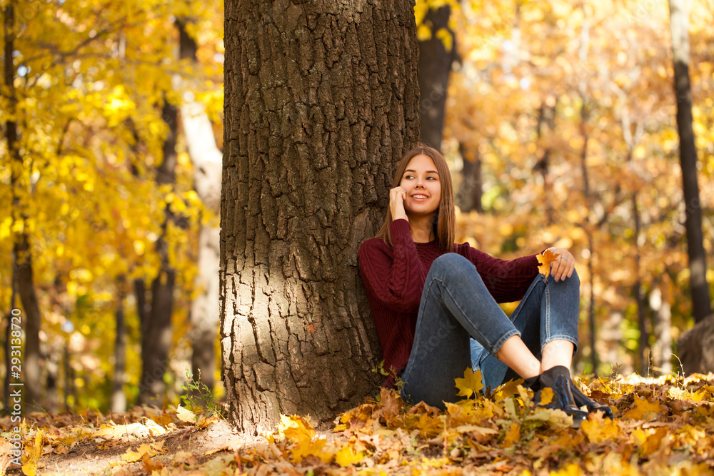 Young woman in a sweater and blue jeans sits in an autumn park Young woman in a sweater and blue jeans sits in an autumn park