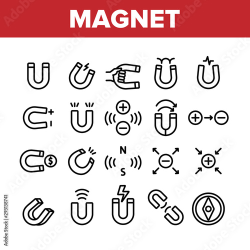 Magnet Power Collection Elements Icons Set Vector Thin Line. Negative And Positive, Magnetic Power, Steel Magnet And Compass Concept Linear Pictograms. Monochrome Contour Illustrations