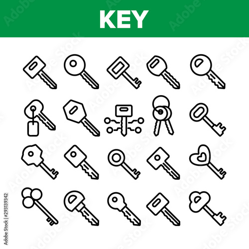 Key Collection Different Elements Icons Set Vector Thin Line. Key In Heart Form, Ancient And Modern, Electronic And Classical Concept Linear Pictograms. Monochrome Contour Illustrations