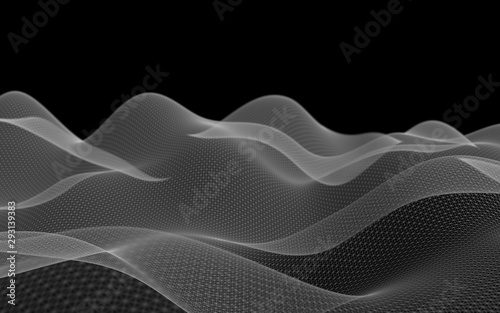 Abstract gray landscape on a black background. Cyberspace grid. hi tech network. 3d technology illustration. Depth of field. 3D illustration