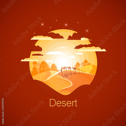 Sahara desert landscape.Walking camel caravan. Negative space illustration