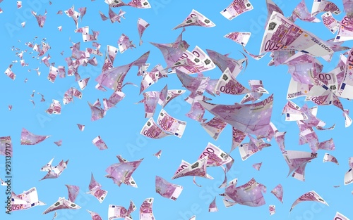 Flying euro banknotes against the sky background. Money is flying in the air. 500 EURO in color. 3D illustration