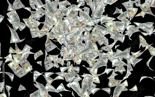 Flying dollars banknotes isolated on dark background. Money is flying in the air. 100 US banknotes new sample. 3D illustration