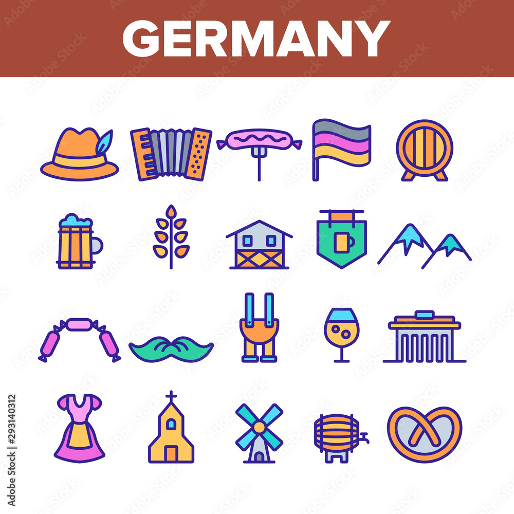 Germany Country Culture Elements Icons Set Vector Thin Line. Germany Flag And Mountain, National Hat And Suit, Food And Beer Concept Linear Pictograms. Monochrome Contour Illustrations Germany Country Culture Elements Icons Set Vector Thin Line. Germany Flag And Mountain, National Hat And Suit, Food And Beer Concept Linear Pictograms. Monochrome Contour Illustrations