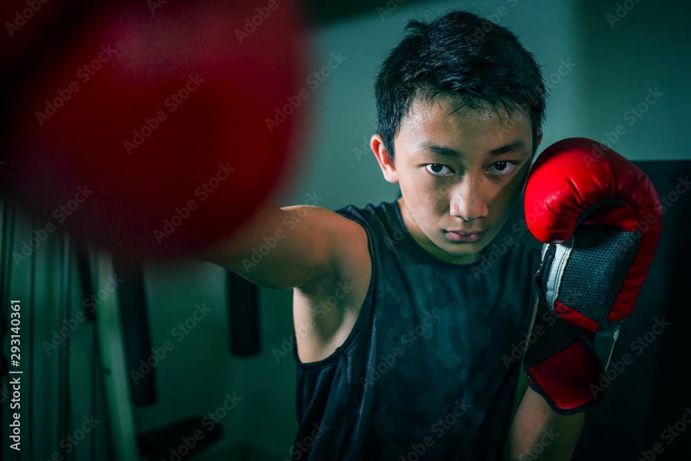 young handsome and fierce teenager boy doing fight workout punching heavy  bag looking cool and badass at fitness club training hard using gloves  Stock Photo | Adobe Stock