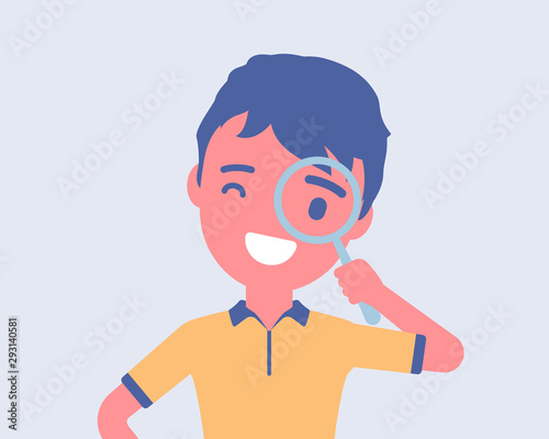 Boy with magnifying glass. Schoolboy looking through hand lens, searching focus, data or information, scientific research, safe kids internet browsing and study. Vector flat style cartoon illustration