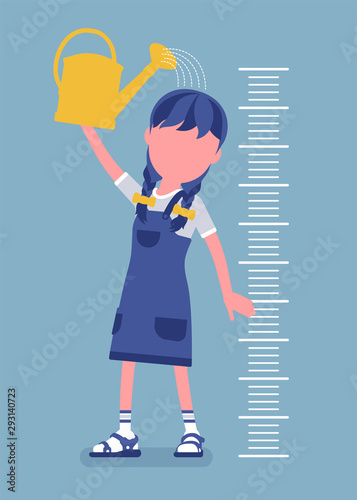Girl at child height growth chart with watering can. Schoolgirl pouring water over her head to grow bigger, older and taller, kid developing into teenager. Vector illustration with faceless character