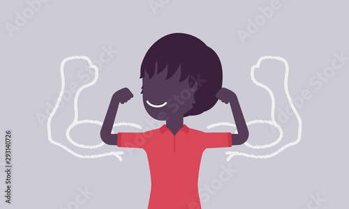 Strong boy showing off biceps. Schoolboy athlete trying to impress with muscles, kid enjoys sport and healthy lifestyle to grow in great physical power. Vector illustration with faceless character