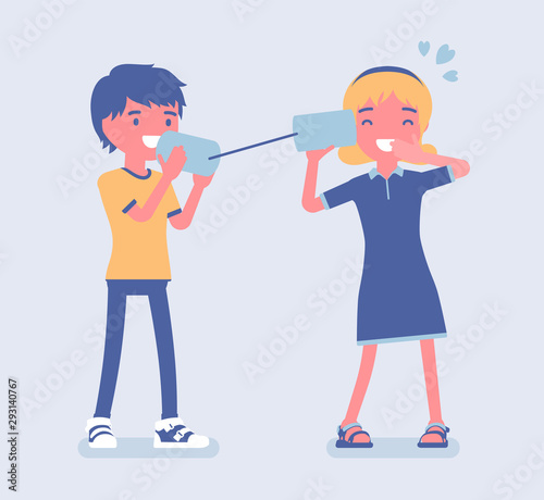 Boy and girl speaking by tin can telephone. Two friends playing in string phone, love expression for girlfriend, romantic talk and loving relationship on dating. Vector flat style cartoon illustration