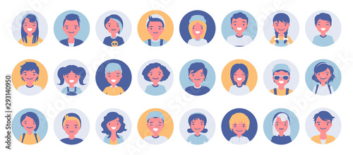 Teens and kids avatar big bundle set. Cute children, boys and girls faces, user pic icons for online game, chatroom representation. Vector flat style cartoon illustration isolated on white background photo