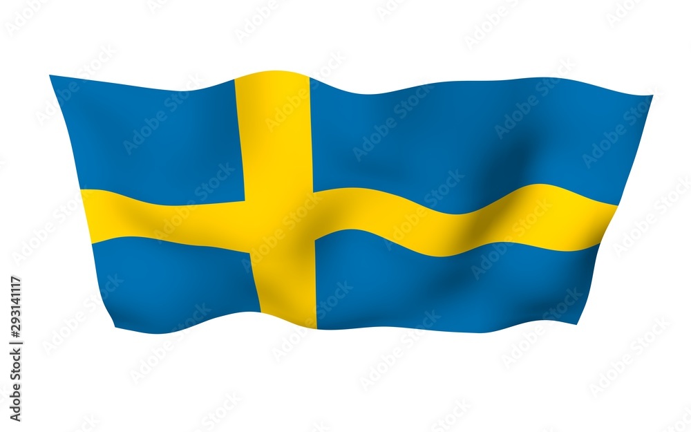 The flag of Sweden. Official state symbol of the Kingdom of Sweden. A blue field with a yellow Scandinavian cross that extends to the edges of the flag. 3d illustration