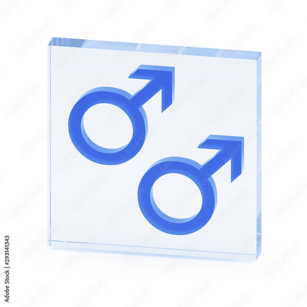Clear transparent glass or plexiglass display with couple luminous male gender Mars symbols inside on white background, 3D rendered image Clear transparent glass or plexiglass display with couple luminous male gender Mars symbols inside on white background, 3D rendered image