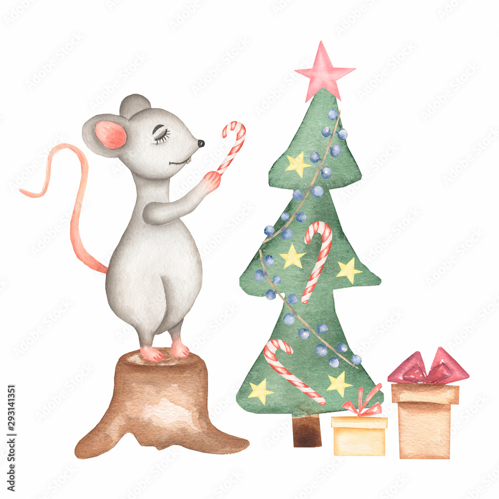 Naklejka premium Cute cartoon christmas rat mouse christmas card with christmas tree,boxes of gifts . Watercolor hand drawn animal illustration. New Year 2020 holiday drawing. Cartoon cute composition