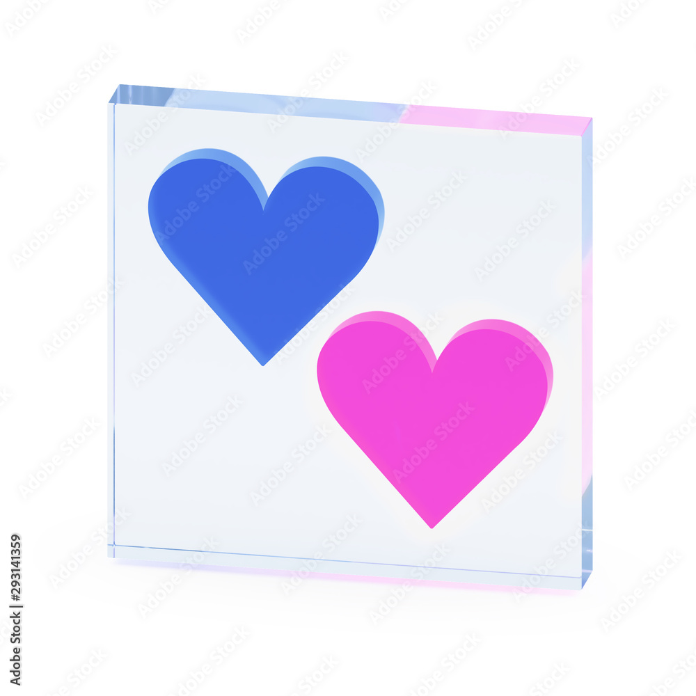 Clear transparent glass or plexiglass display with couple luminous heart love symbols inside on white background, 3D rendered image Clear transparent glass or plexiglass display with couple luminous heart love symbols inside on white background, 3D rendered image