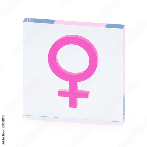 Clear transparent glass or plexiglass display with luminous gender female symbol Venus inside on white background, 3D rendered image