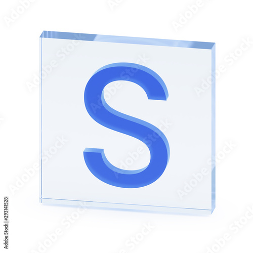 Clear transparent glass or plexiglass display with color capital letter S inside on white background, 3D rendered image
