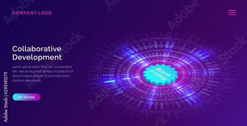 Glowing blue neon ring or futuristic circle with digital binary code and black friday icon, concept vector tech illustration. Hightech optical radiant effect on ultraviolet, technological sale banner