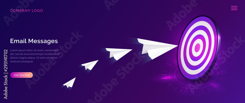 Email message service, isometric concept vector illustration. Flying paper planes and dartboard, information hits target, ultraviolet web page for email marketing company, sending notifications