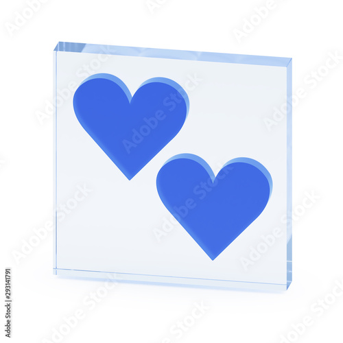 Clear transparent glass or plexiglass display with couple luminous blue heart love symbols inside on white background, 3D rendered image