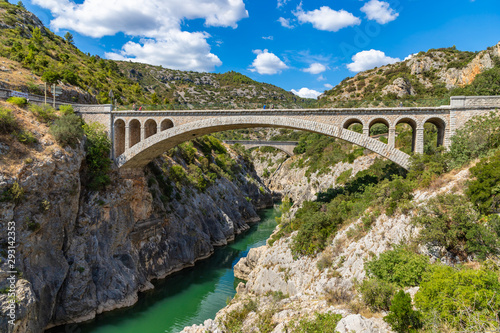 Pont du Diable (Devil's bridge), near St Guilhem du Desert, Herault, Languedoc Roussillon, old bridge on the herault river