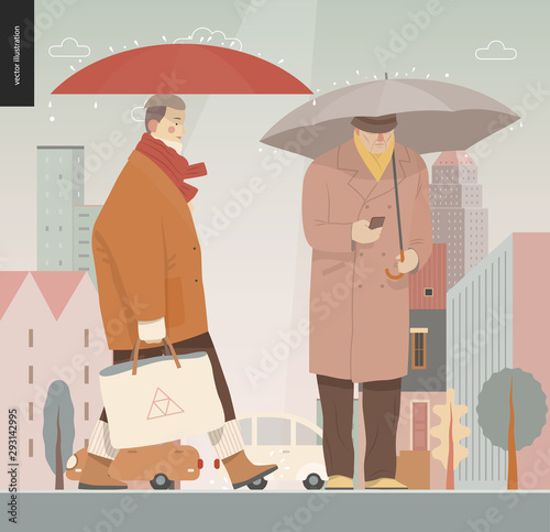 Rain -walking people -modern flat vector concept illustration of people with umbrella, walking or standing in the rain in the street, city houses and cars.