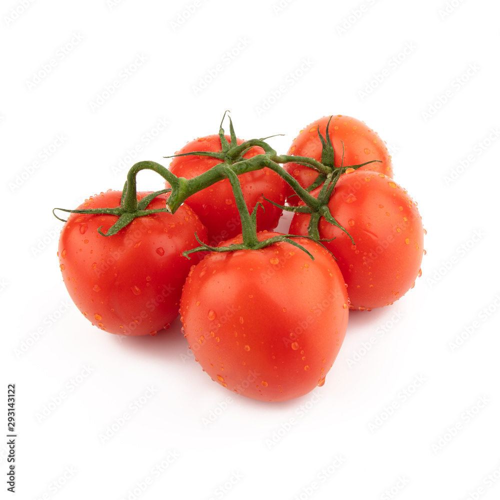 Group red tomatoes whole on a green branch. Isolated on a white background. Group red tomatoes whole on a green branch. Isolated on a white background.