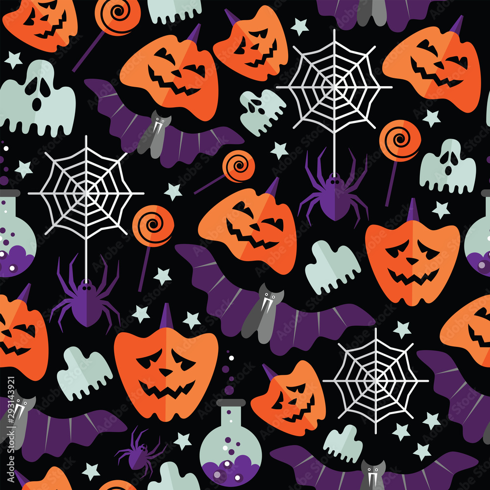 Halloween seamless pattern with flat icons on a black background. Vector illustration.