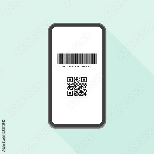 キャッシュレス決済・ポイント還元・買い物イメージ素材：スマホに表示されバーコード ( code128 ) と QR コード (JPQR)（水色背景）