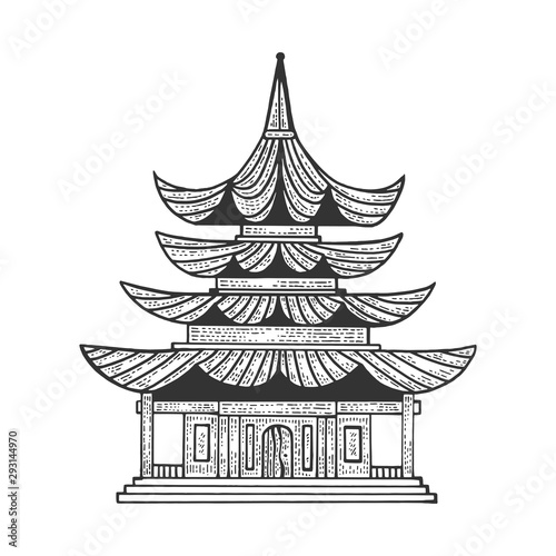 Japanese temple Pagoda house sketch engraving vector illustration. Tee shirt apparel print design. Scratch board style imitation. Black and white hand drawn image.