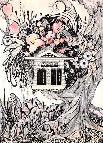A tree house with a cornucopia.Liner and watercolor drawing
