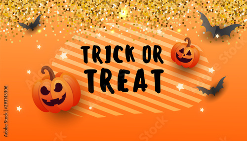 Halloween trick or treat website banner with scary face orange pumpkins, gold coins, bats and gold glitter elements on orange background.