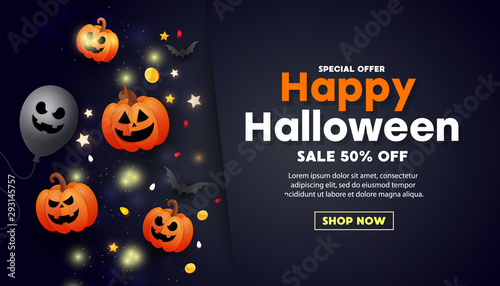Happy halloween sale banner with scary orange pumpkin face, gold coins, balloons and golden glitter elements on dark background.
