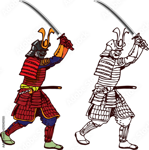  Vector image of a samurai in attack with a sword in armor in the style of an art sketch.