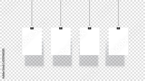 Blank Paper Sheet Hang On Paper Clips. Vector Illustration On Transparent Background